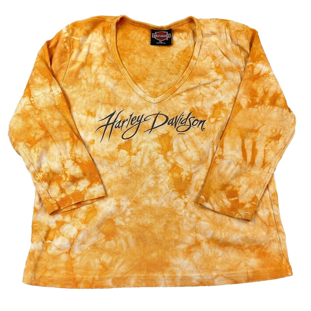 Vintage Harley Davidson Shirt Women XL Orange Tee 90s 1999 Tir Dye Spellout